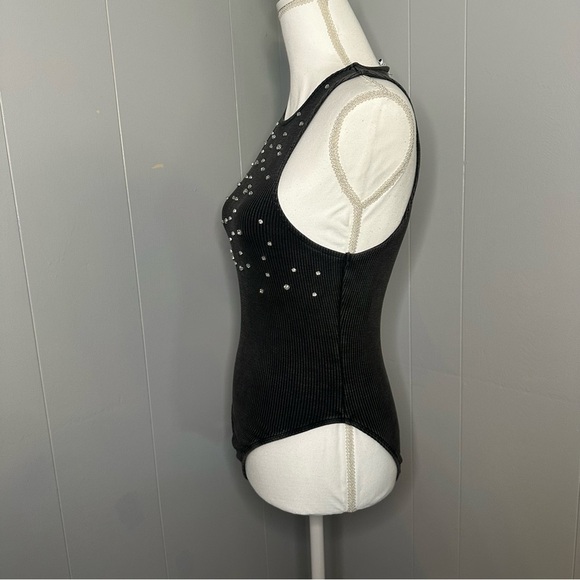 ZARA Black Rhinestone Studded Ribbed Bodysuit | Size M | Sparkly Party Top - Picture 3 of 6